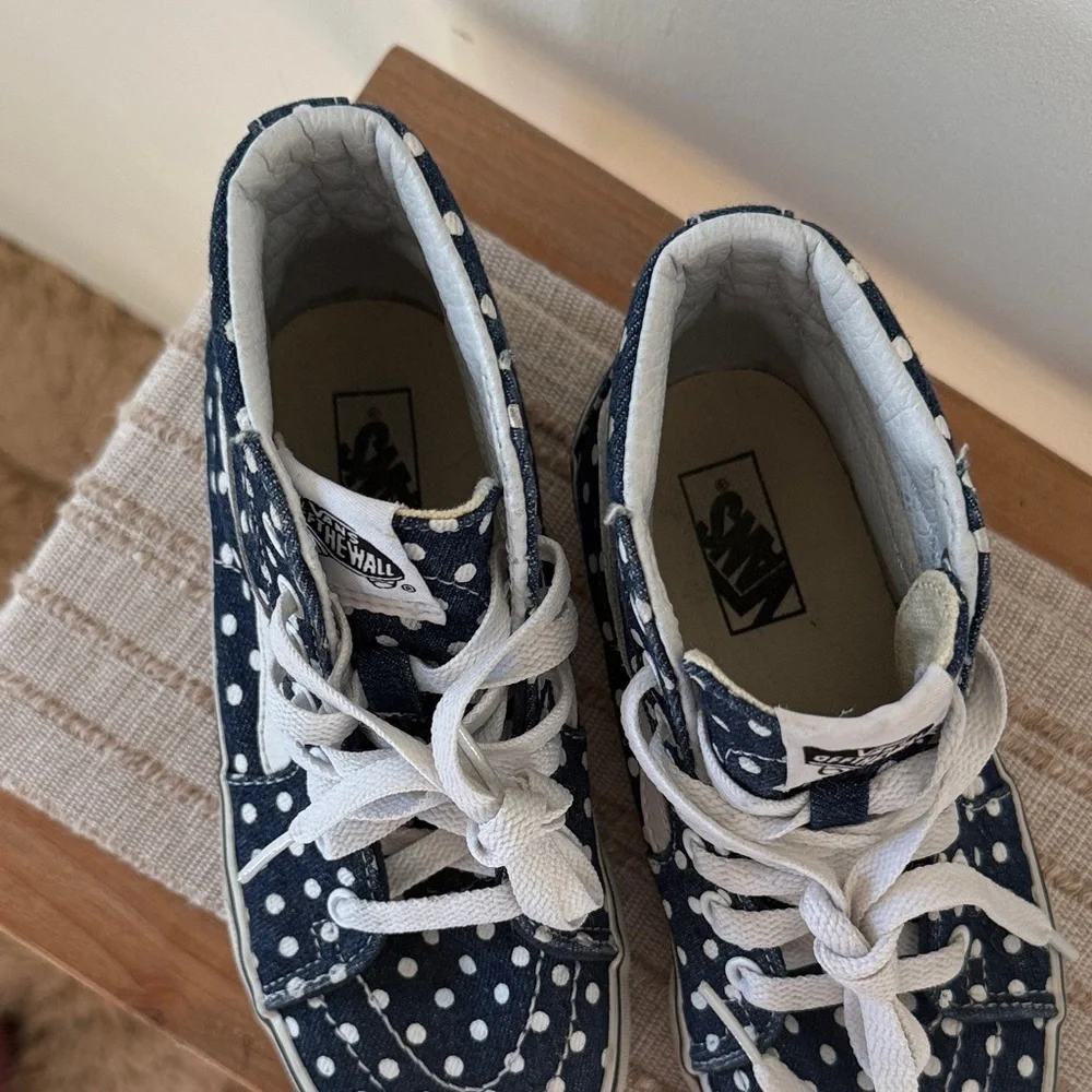 Vans Kids' denim navy and White Polka Dot Sneakers size 1 kids youth high top